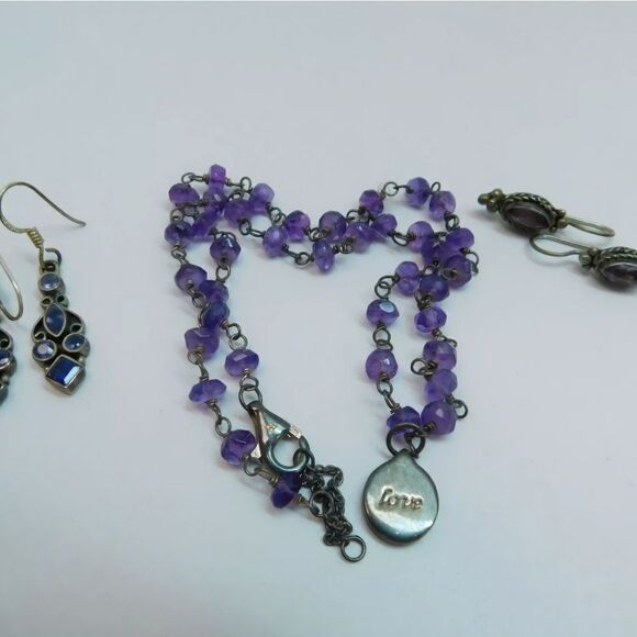 Artisan 925 Love Pendant Amethyst Bead Necklace & Faceted & Iolite Drop Earrings - Picture 1 of 8
